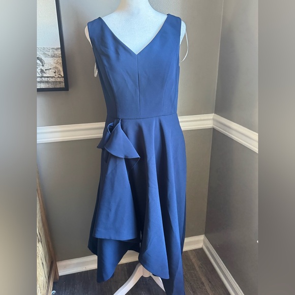 Kay Unger Begonia Ruffled A-Line Midi-Dress Navy Blue Cocktail Evening 2 - Picture 4 of 11